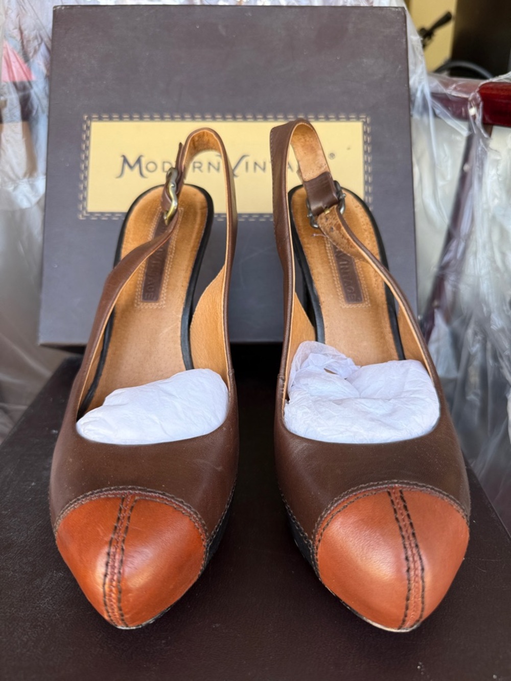 Modern Vintage Brown & Cognac Leather Slingback Pumps